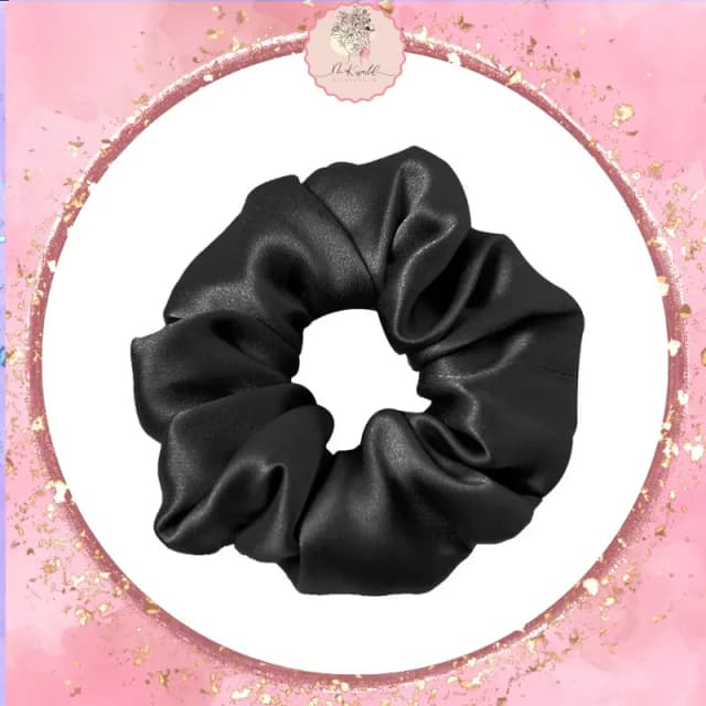 Handmade Satin Silk Scrunchie-Fashion Accessory for Girls-Black